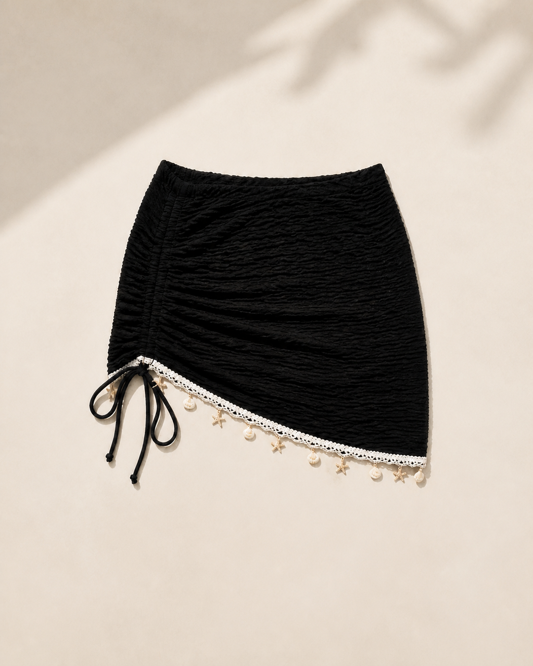 Black Ruched Mini Skirt Swim Cover-Up with Shell Trim