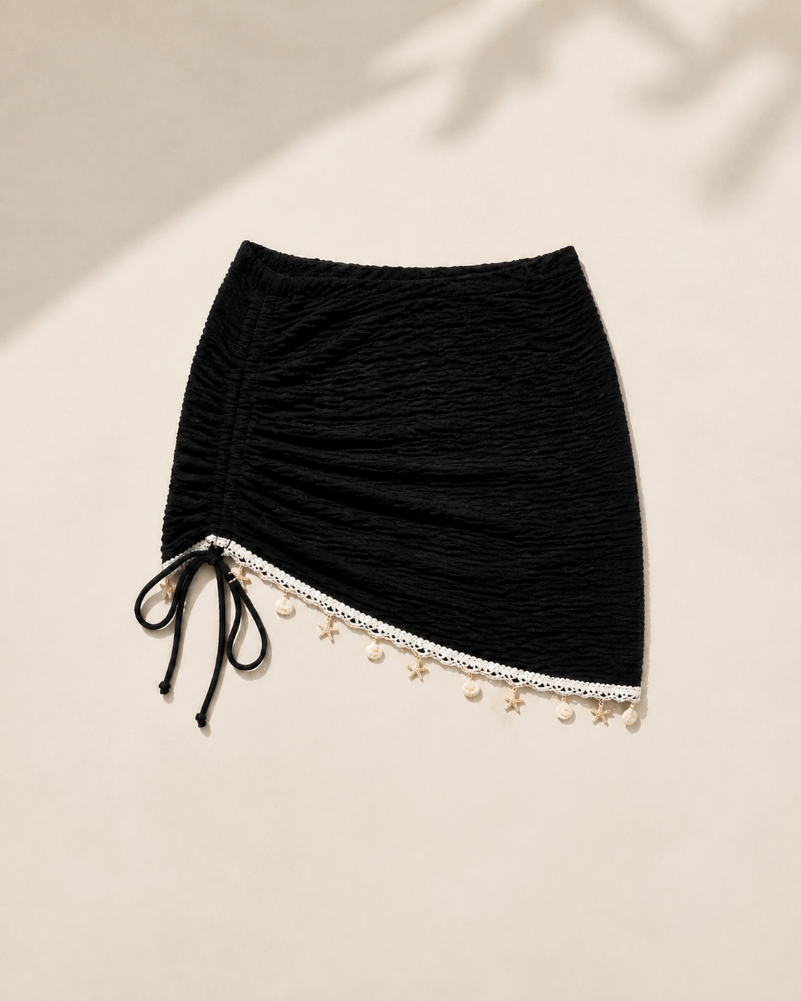 Black Ruched Mini Skirt Swim Cover-Up with Shell Trim