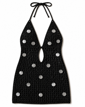 Black Sequin Crochet Halter Mini Dress