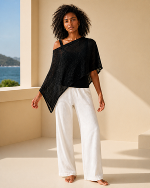 Black Sheer Knit Batwing Poncho Top