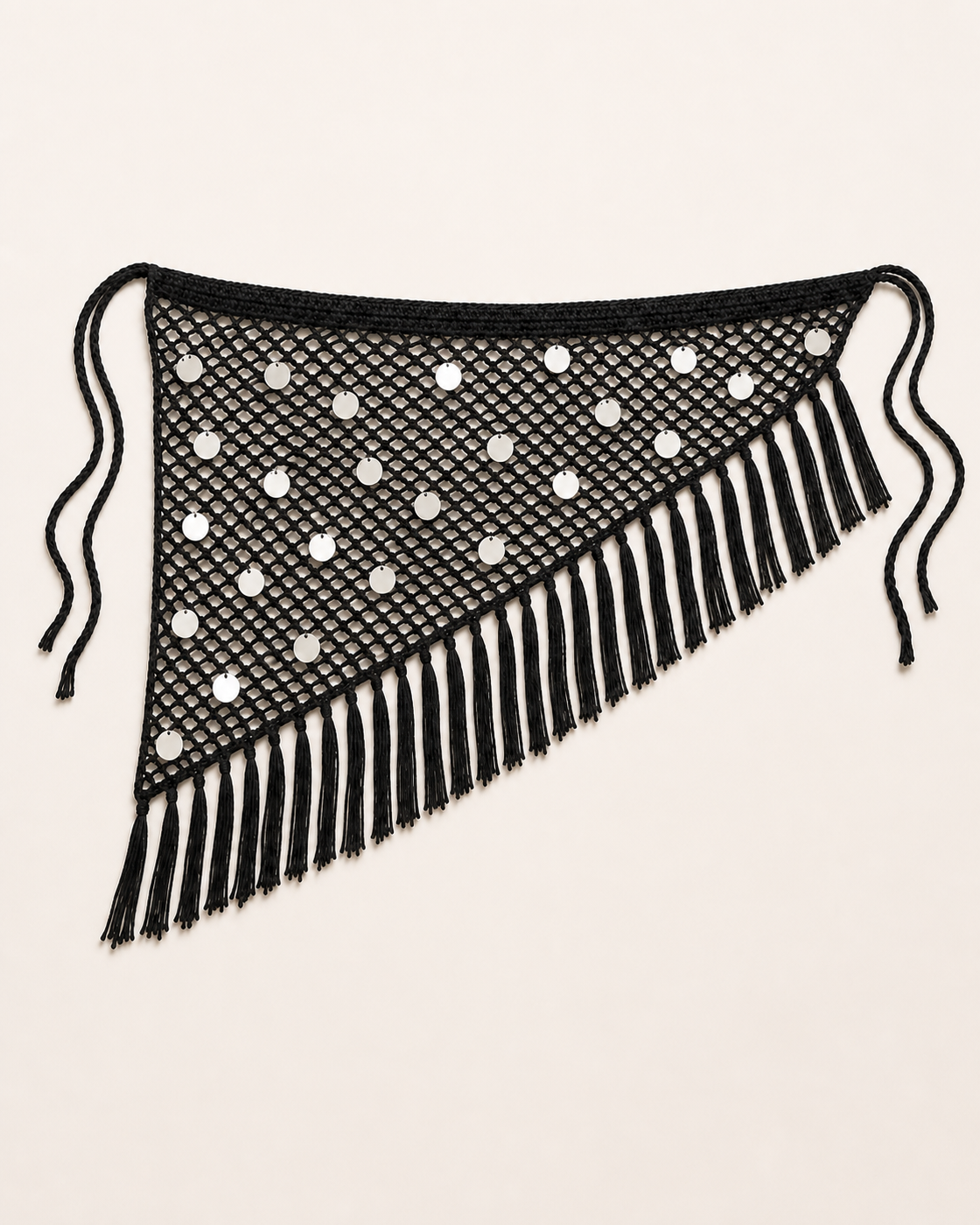 Black with Silver Discs Sequin Crochet Fringe Sarong Wrap