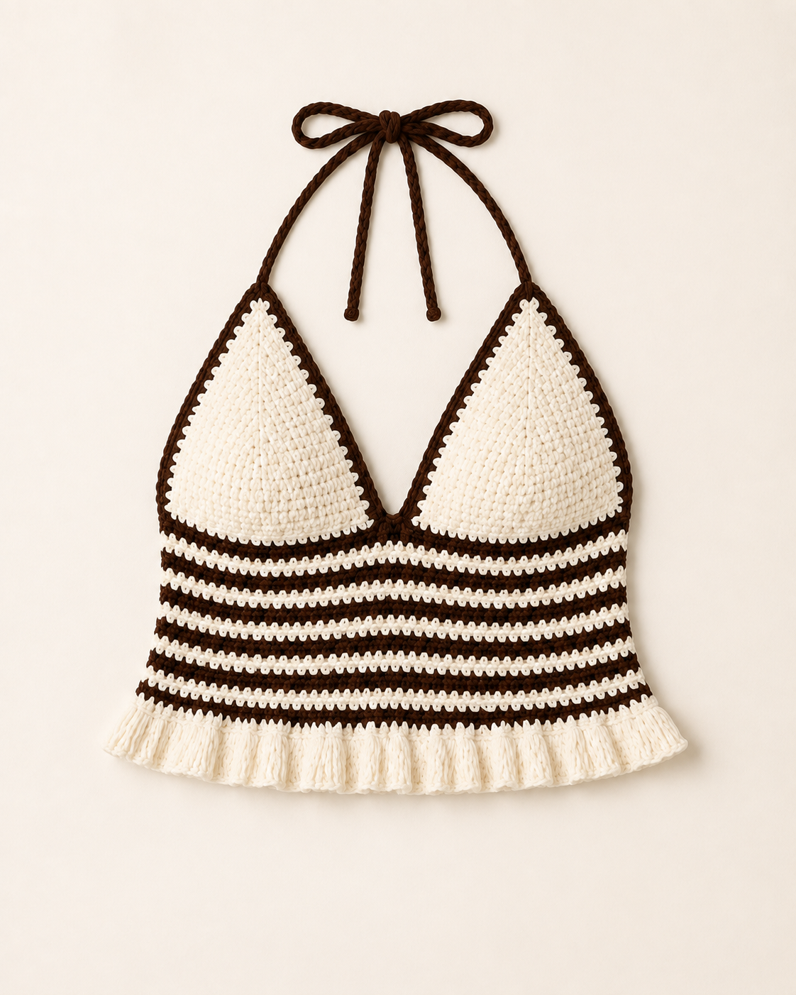 Brown/White Stripes Crochet Halter Top