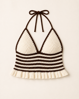 Brown/White Stripes Crochet Halter Top