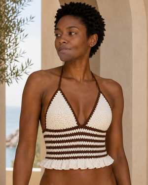 Brown/White Stripes Crochet Halter Top