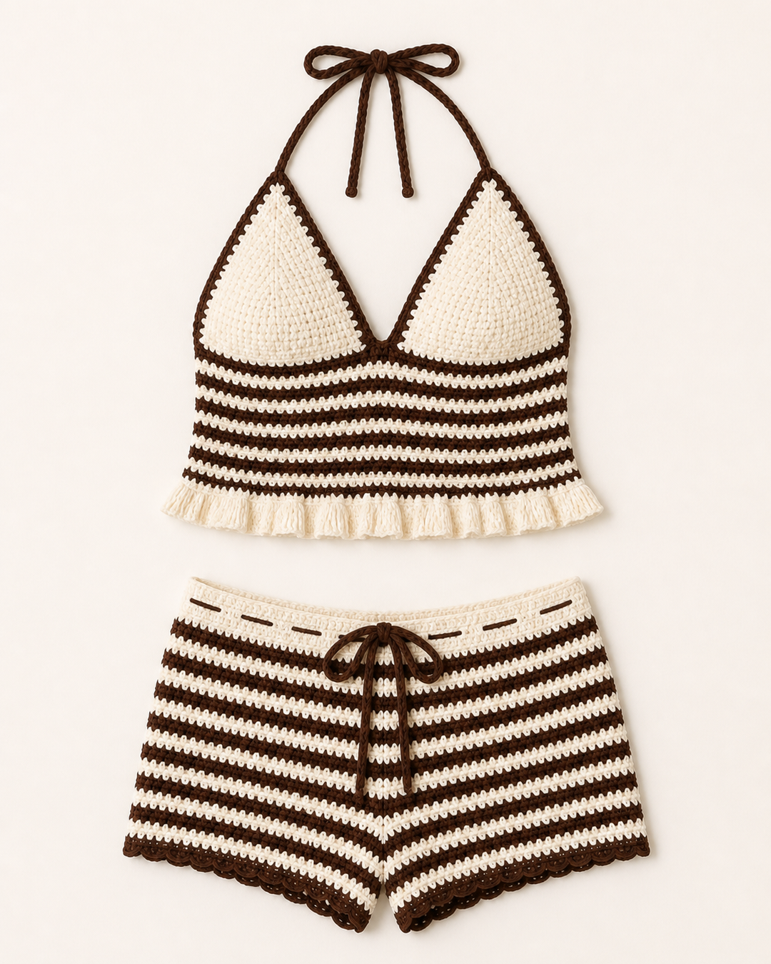Brown/White Stripes Crochet Shorts