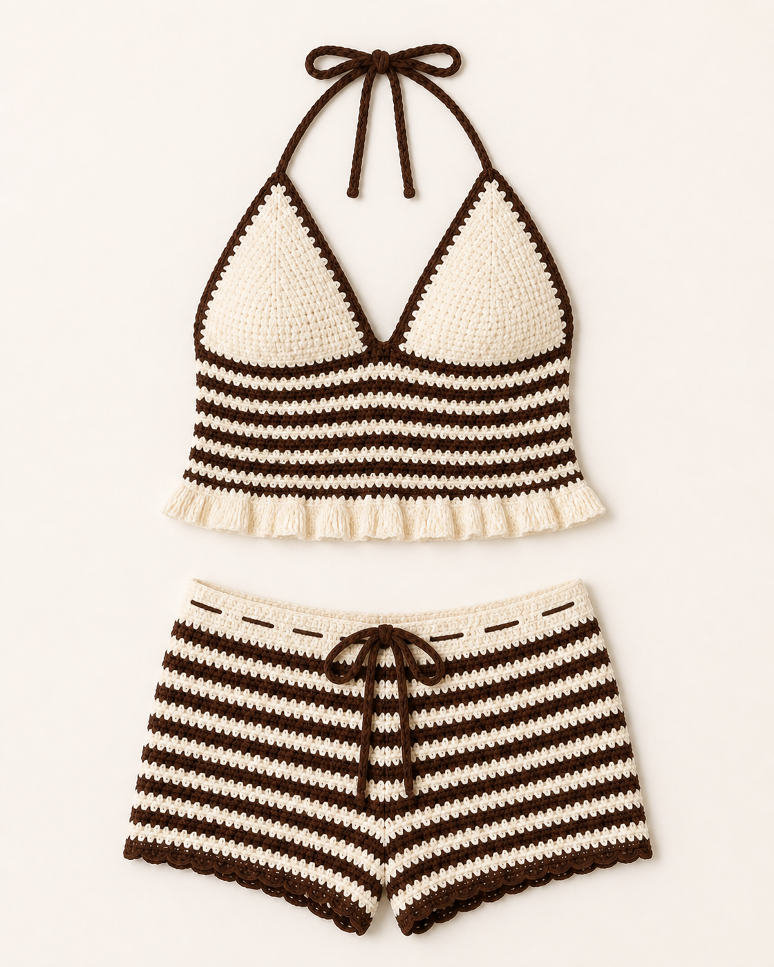 Brown/White Stripes Crochet Shorts