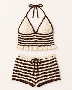 Brown/White Stripes Crochet Shorts