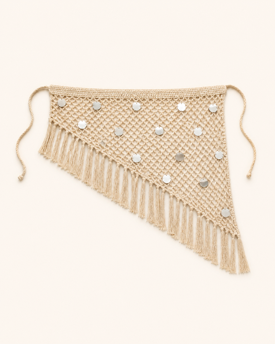 Cream/Beige with Silver Discs Sequin Crochet Fringe Sarong Wrap