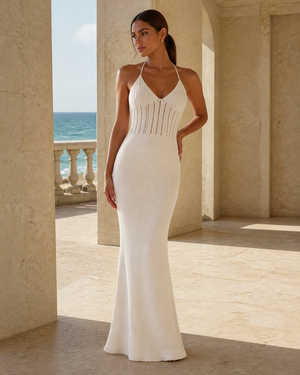 Cream/Off-White Knit Halter Maxi Dress