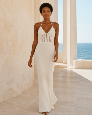 Cream/Off-White Knit Halter Maxi Dress