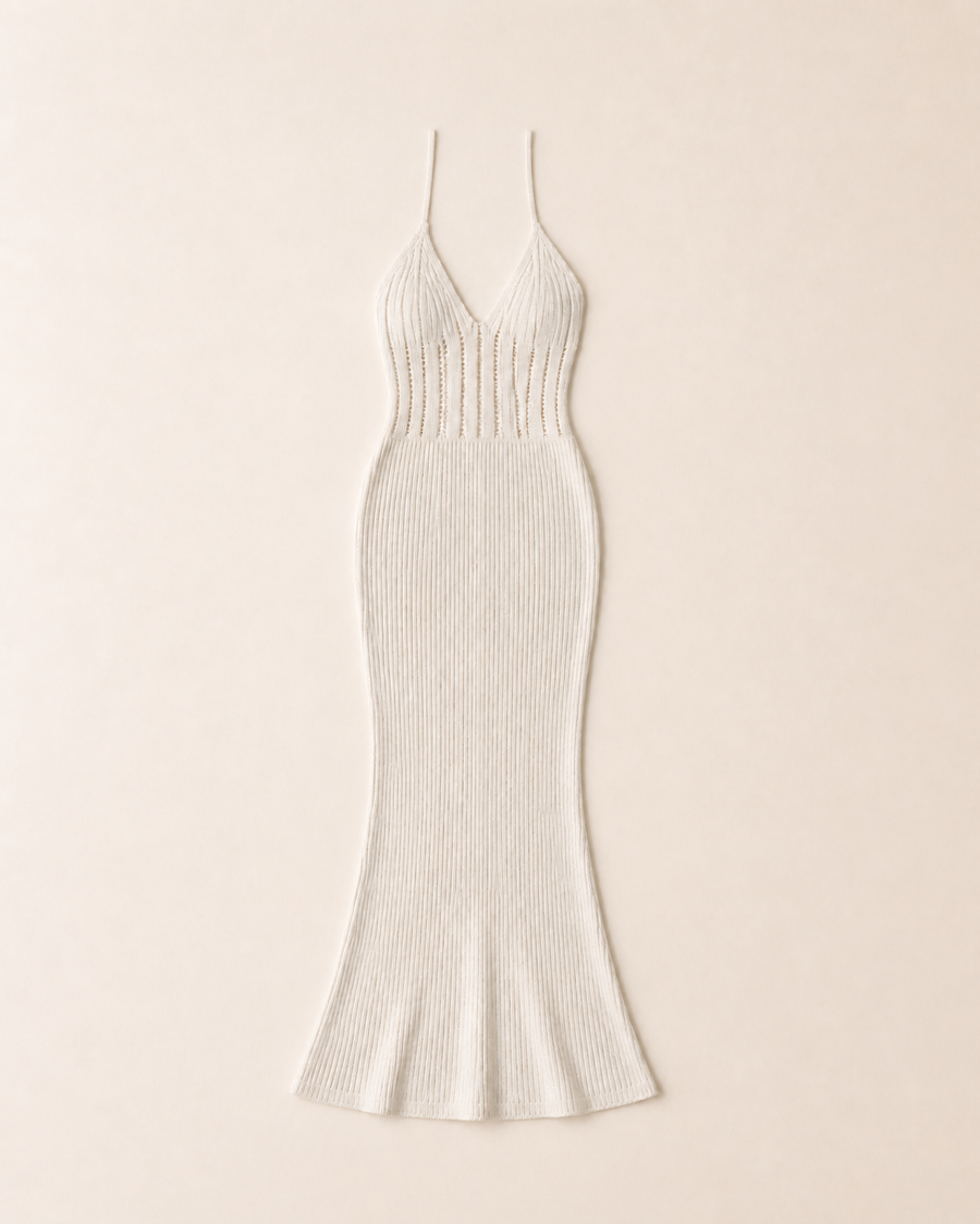 Cream/Off-White Knit Halter Maxi Dress