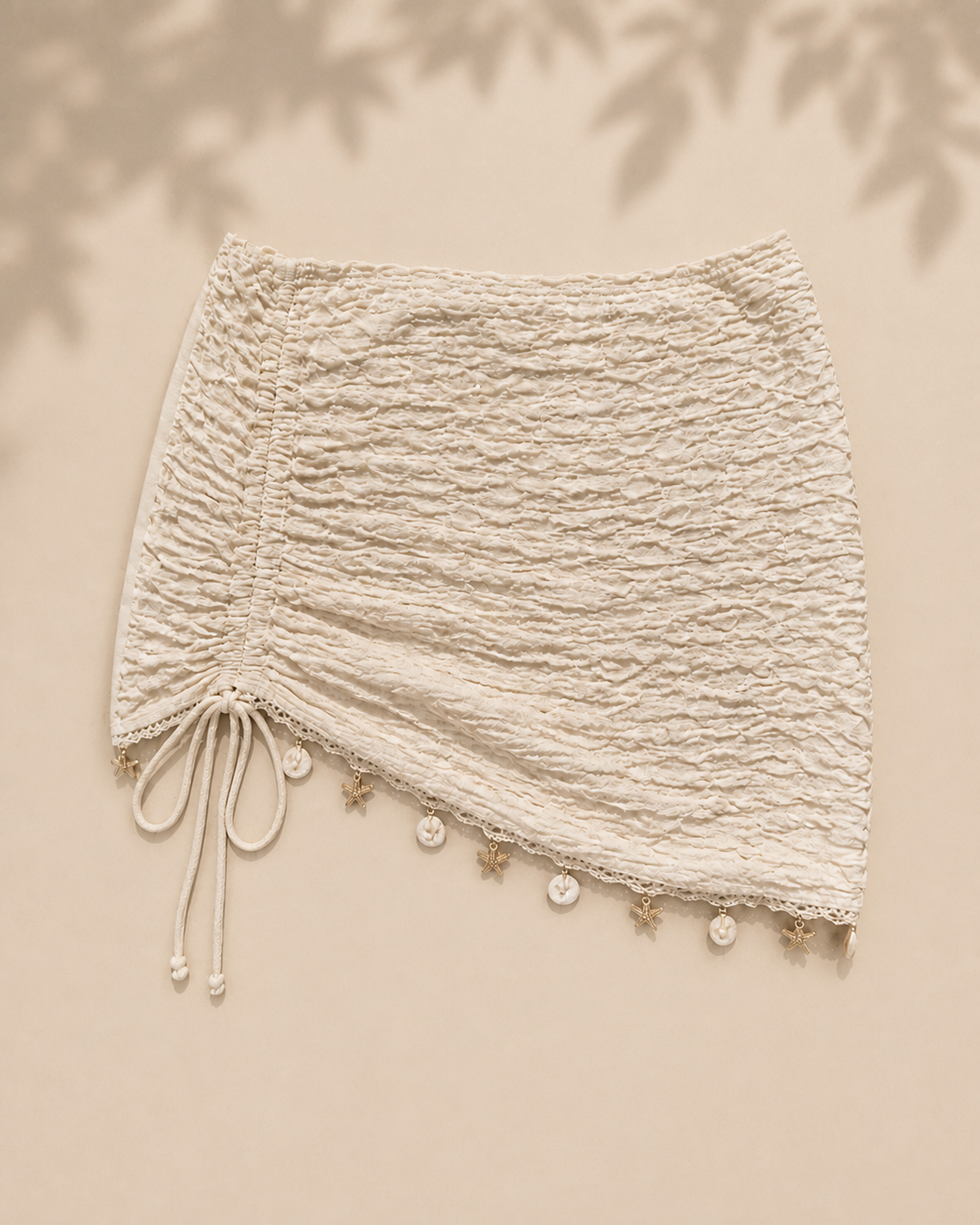 Cream / Off-White Ruched Mini Skirt Swim Cover-Up with Shell Trim