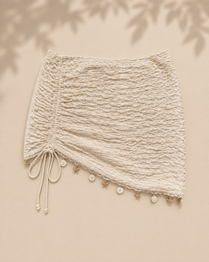 Cream / Off-White Ruched Mini Skirt Swim Cover-Up with Shell Trim