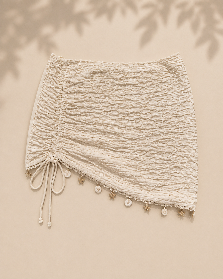Cream / Off-White Ruched Mini Skirt Swim Cover-Up with Shell Trim