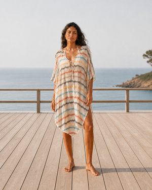 Cream Rainbow Chevron Chiffon Kaftan Cover-Up