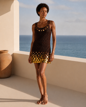 Dark Chocolate Brown with Gold Discs Mesh Tank Mini Dress with Sequin Hem