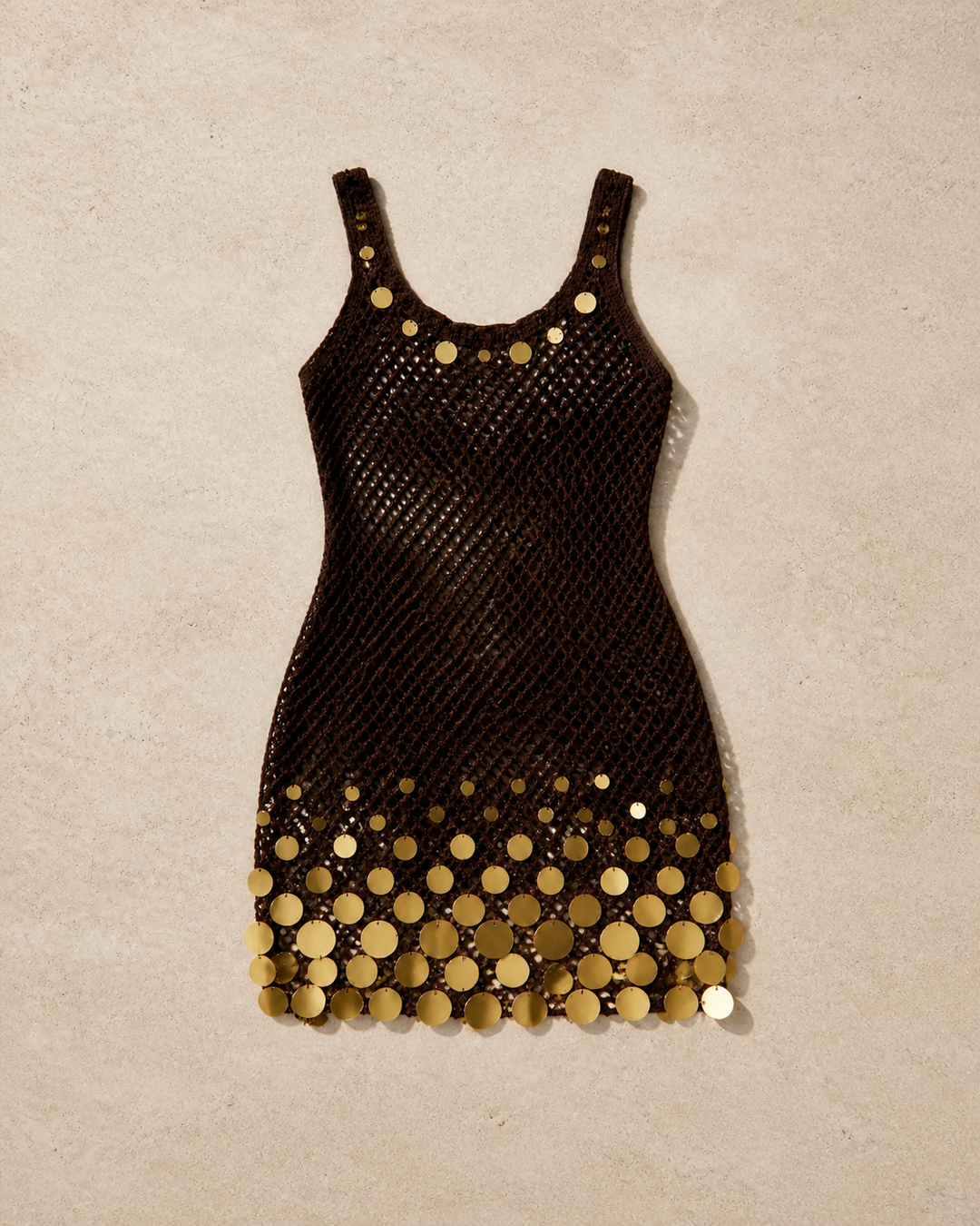 Dark Chocolate Brown with Gold Discs Mesh Tank Mini Dress with Sequin Hem