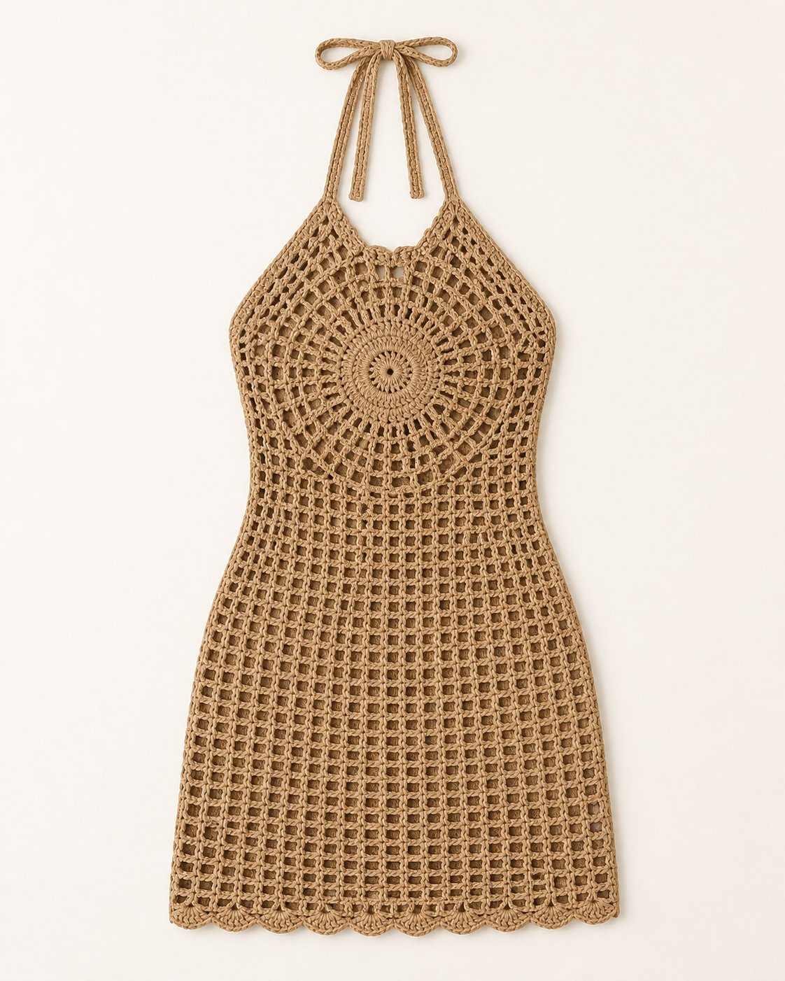 Khaki / Tan Crochet Halter Mini Dress Cover-Up