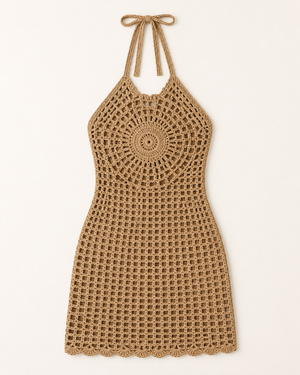 Khaki / Tan Crochet Halter Mini Dress Cover-Up