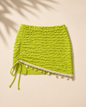 Lime Green Ruched Mini Skirt Swim Cover-Up with Shell Trim