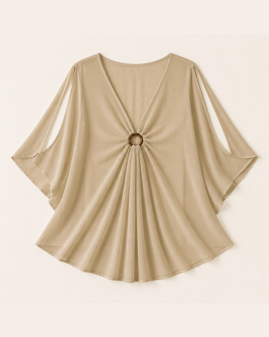 Tan/Khaki Kimono Tunic Cover-Up with Wood Ring