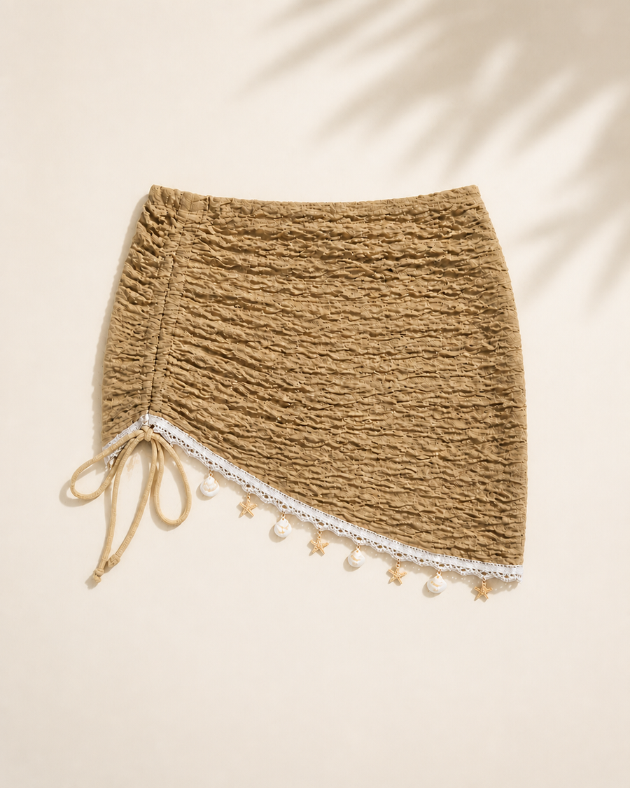 Tan / Khaki Ruched Mini Skirt Swim Cover-Up with Shell Trim