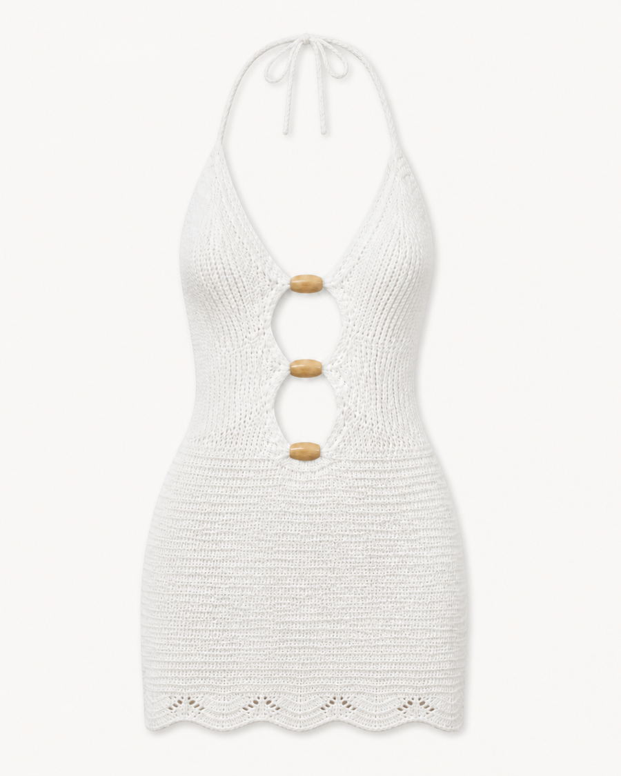 White Crochet O-Ring Cutout Halter Mini Dress