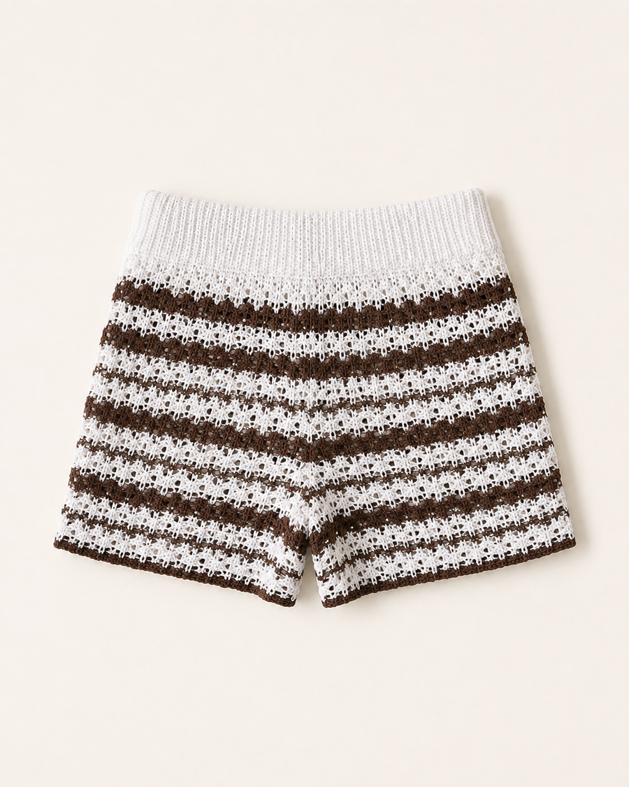 White and Brown Stripe Knit Shorts