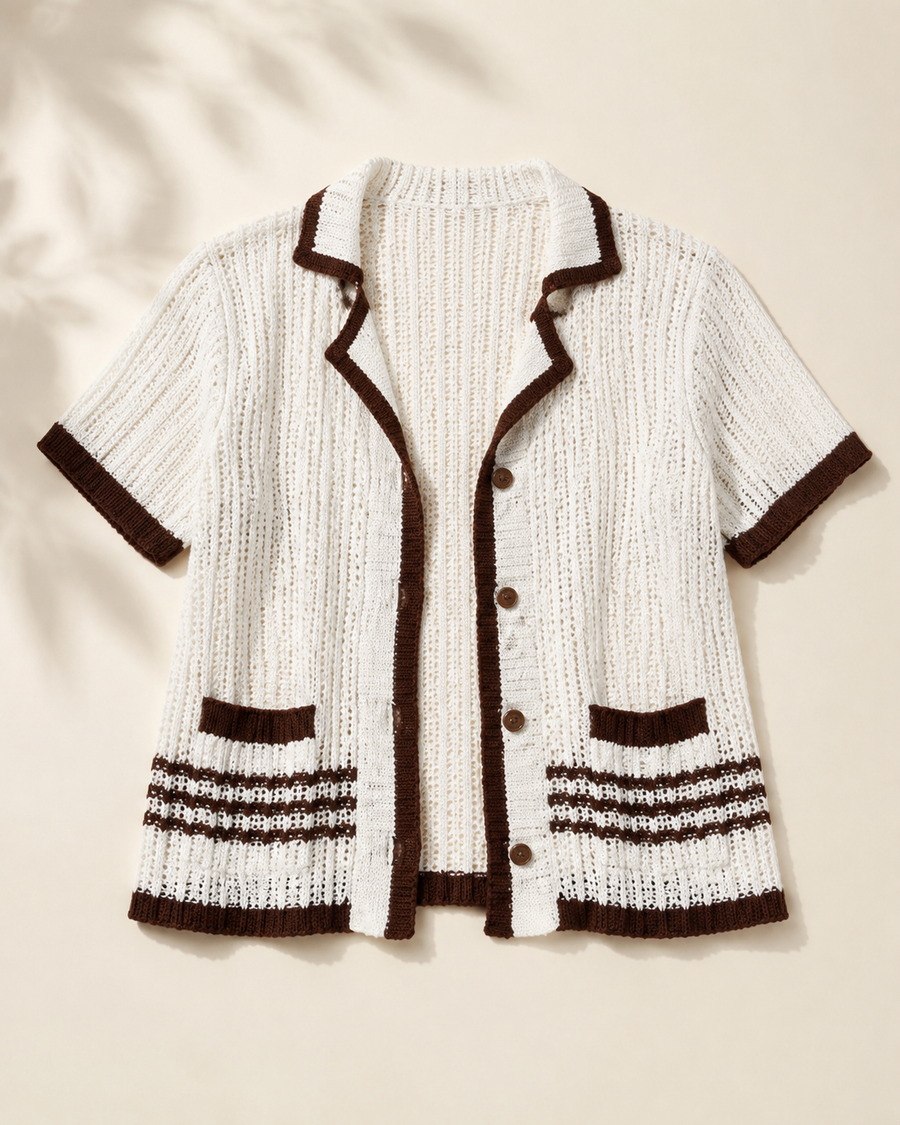 White and Brown Stripe Knit Cardigan