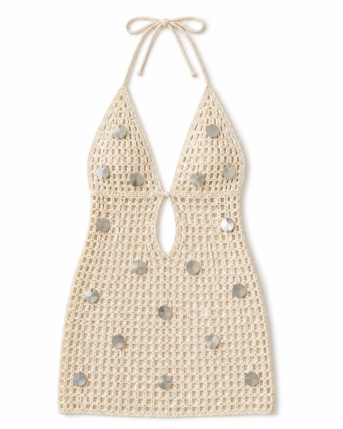 White/Cream Sequin Crochet Halter Mini Dress