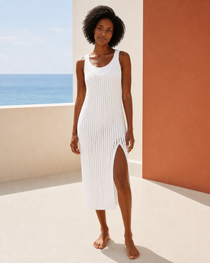 White Crochet Cami Maxi Dress with Side Slit