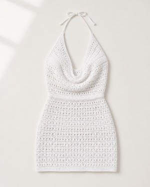 White Crochet Cowl-Neck Halter Mini Dress