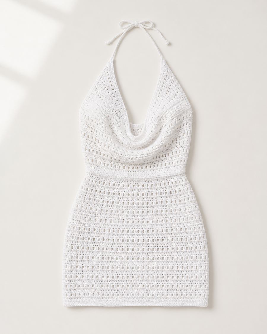 White Crochet Cowl-Neck Halter Mini Dress