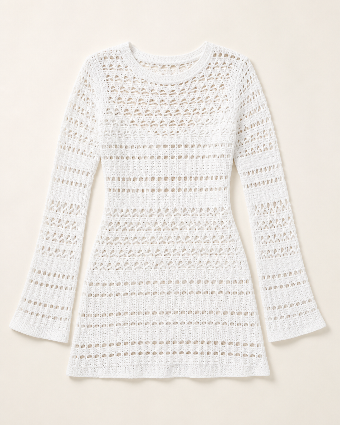 White Crochet Long-Sleeve Mini Dress Cover-Up
