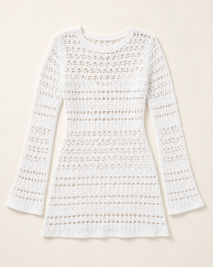 White Crochet Long-Sleeve Mini Dress Cover-Up