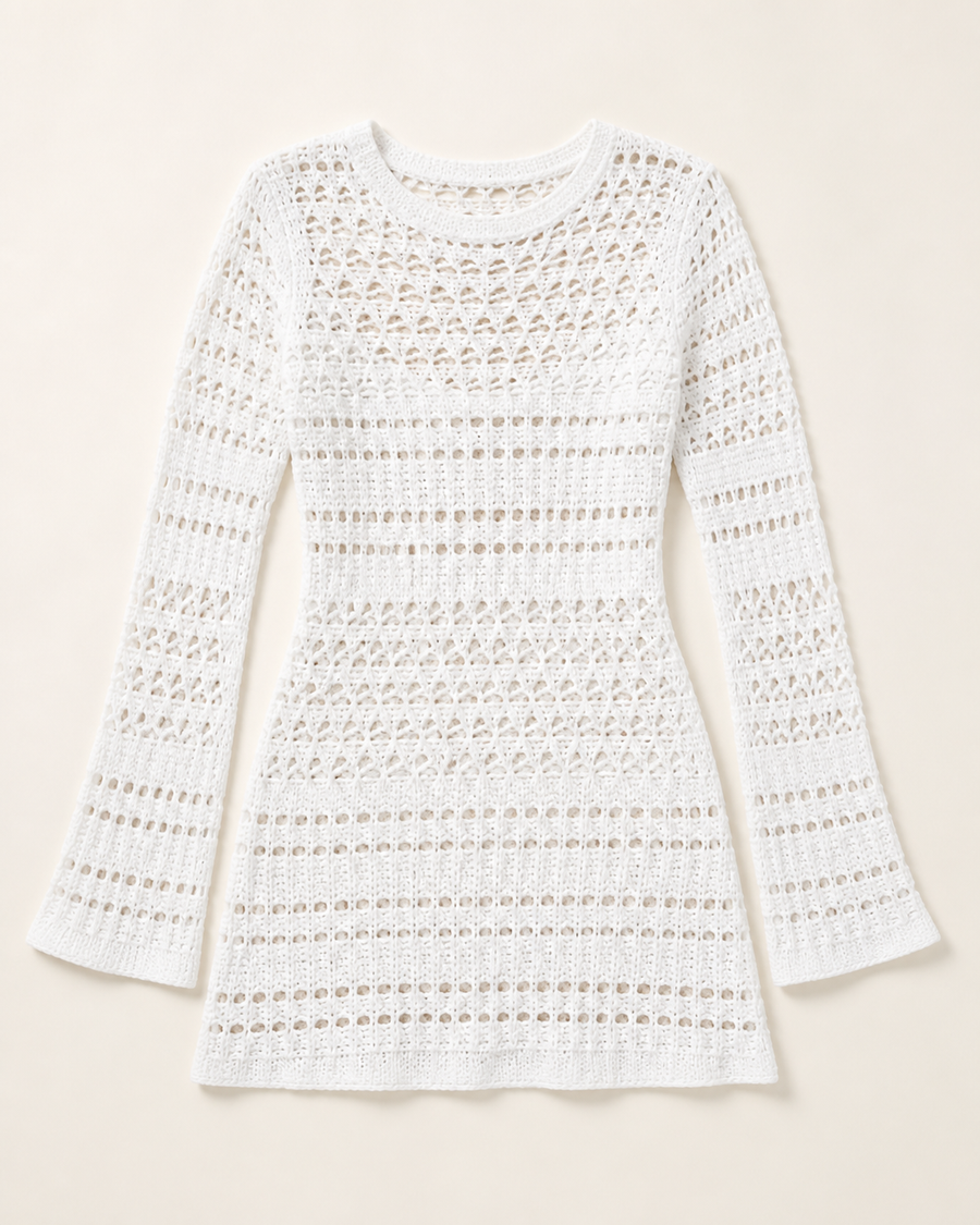 White Crochet Long-Sleeve Mini Dress Cover-Up