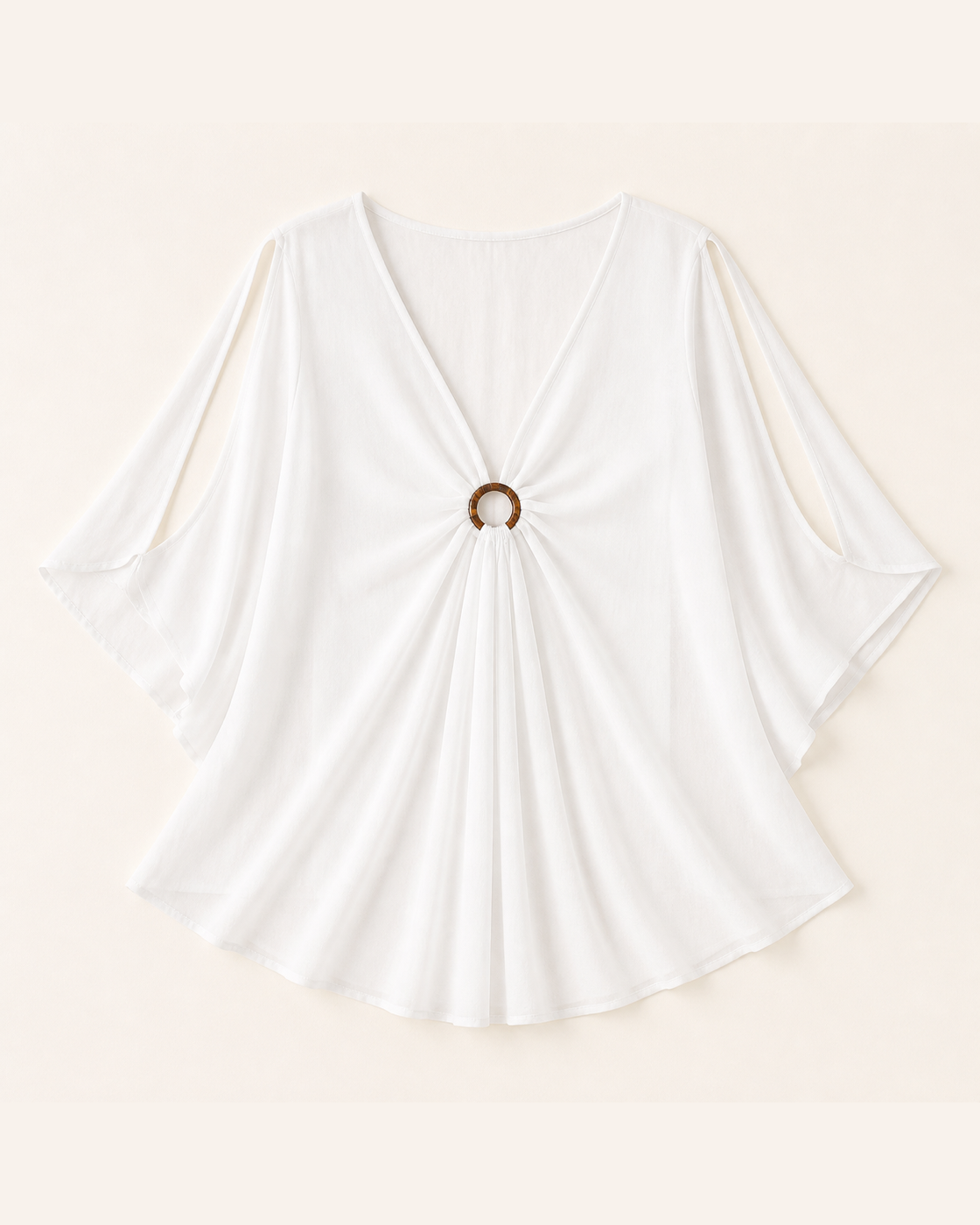 White Kimono Tunic Cover-Up with Wood Ring