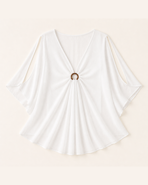 White Kimono Tunic Cover-Up with Wood Ring