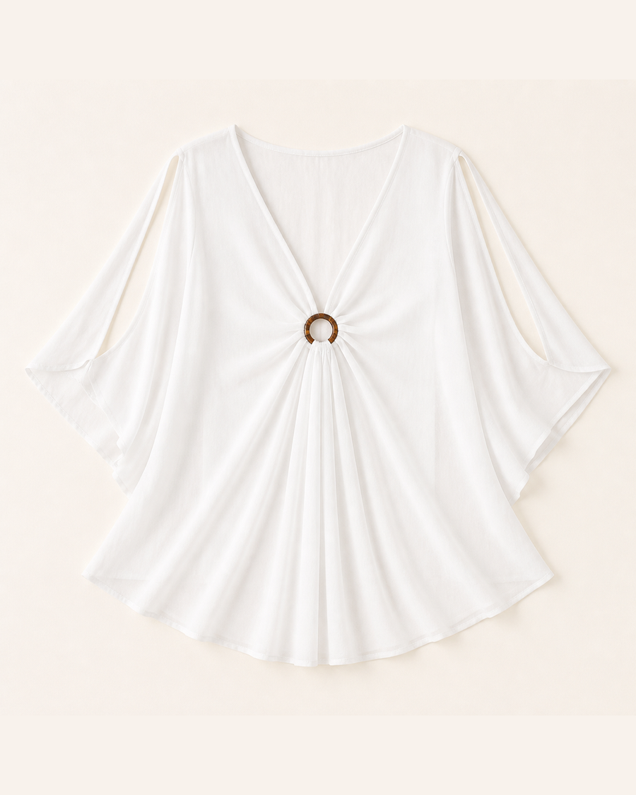 White Kimono Tunic Cover-Up with Wood Ring