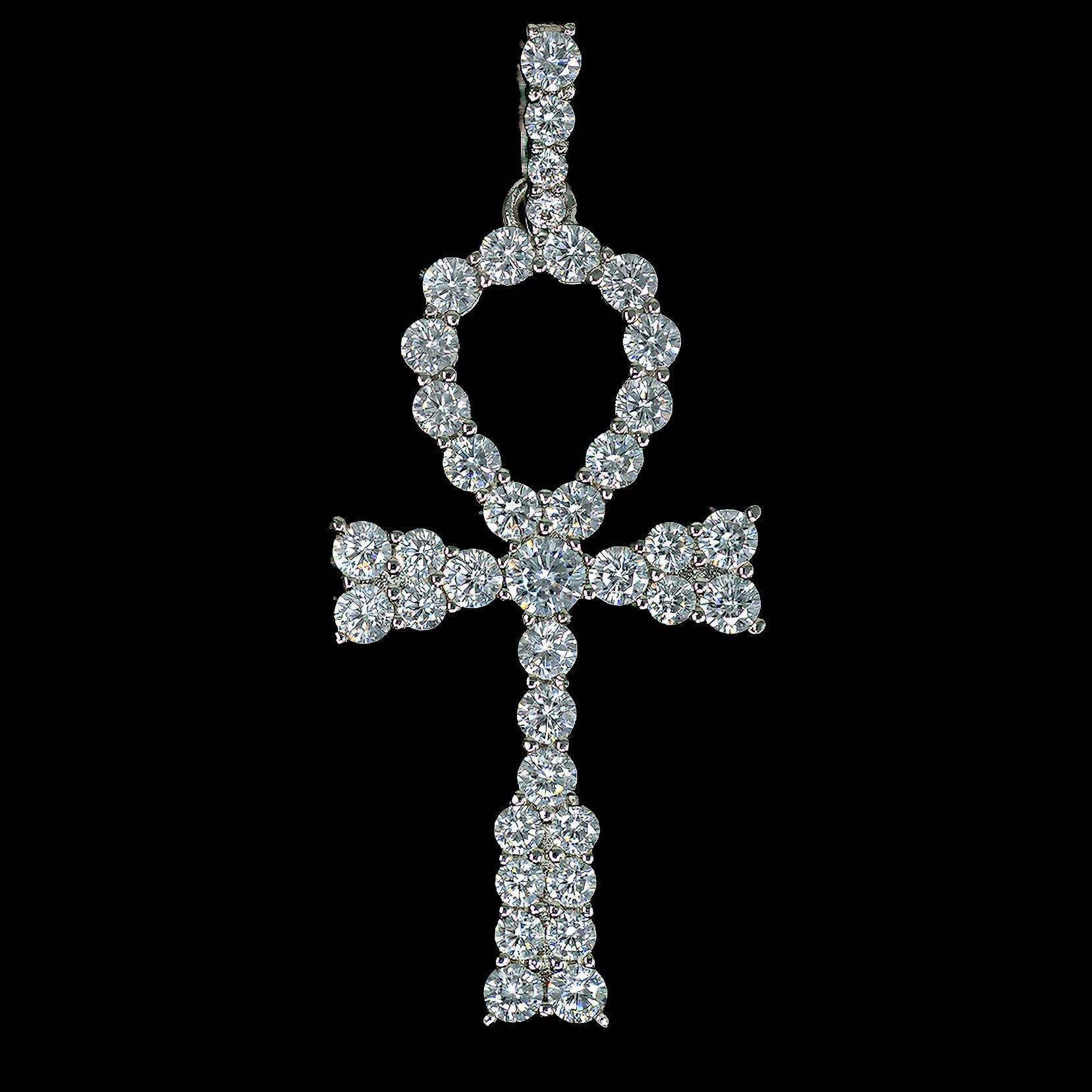 Iced Out Egyptian Ankh Cross Pendant in White Gold