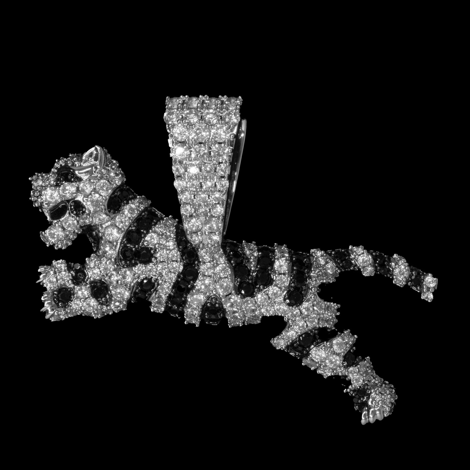 Iced Out Tiger Pendant 18K White Gold