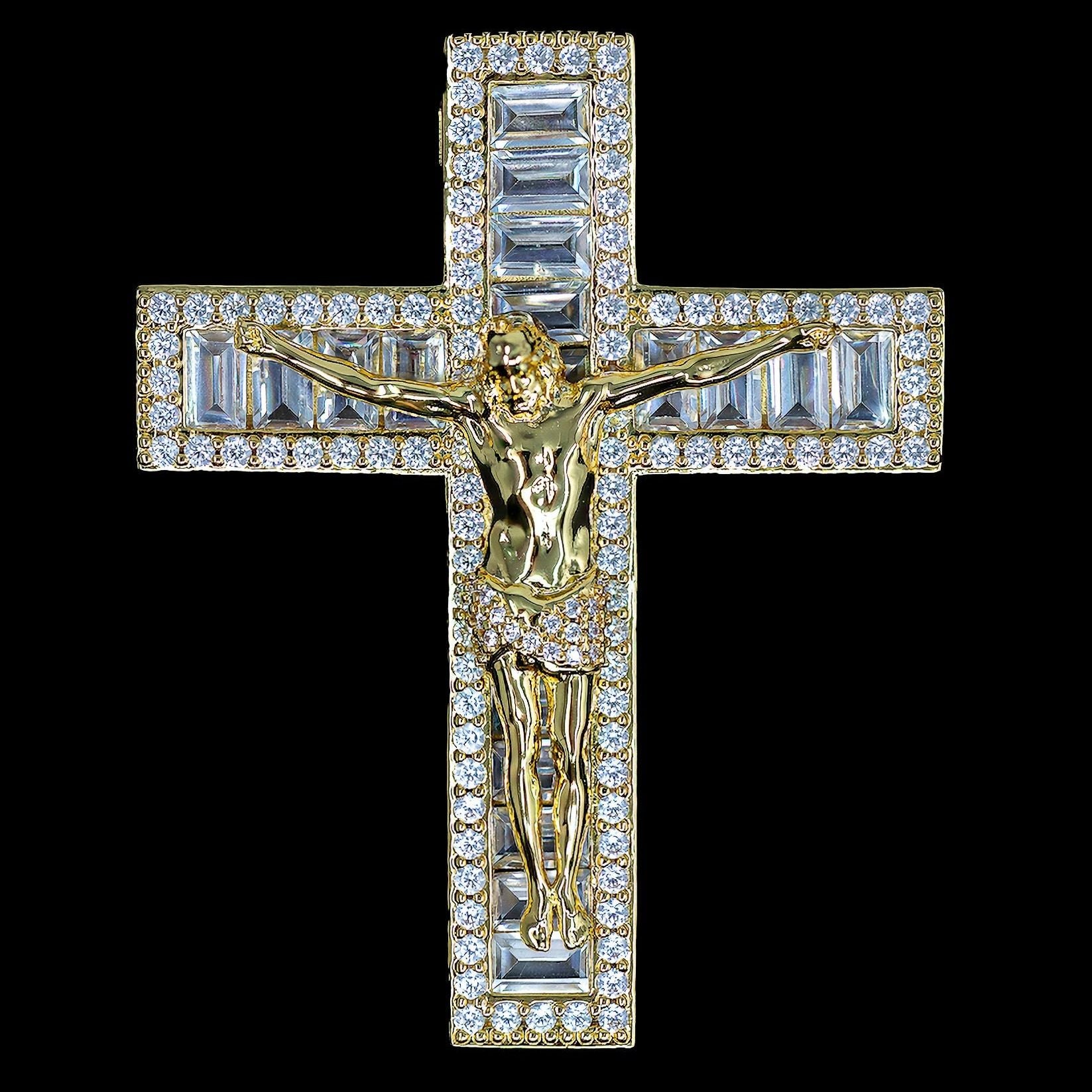 Iced Out Jesus Cross Pendant 18K Yellow Gold